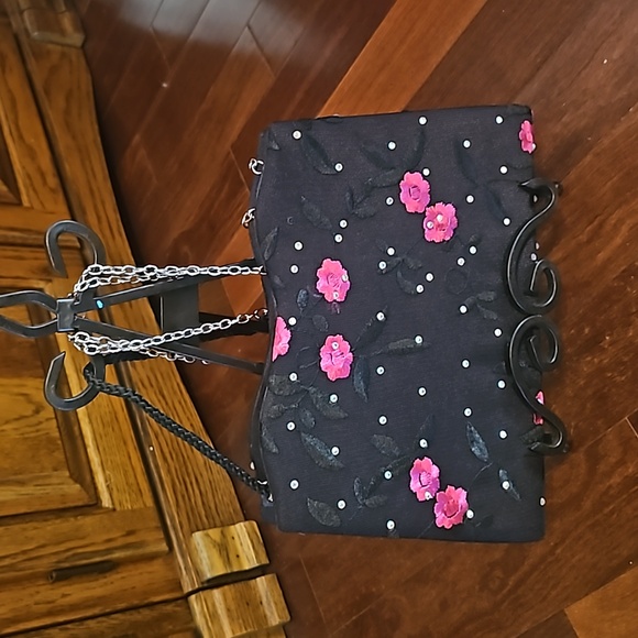 Nina New York, Embroidered Hot Pink & Black Sparkle Purse, two strap options - Picture 3 of 3